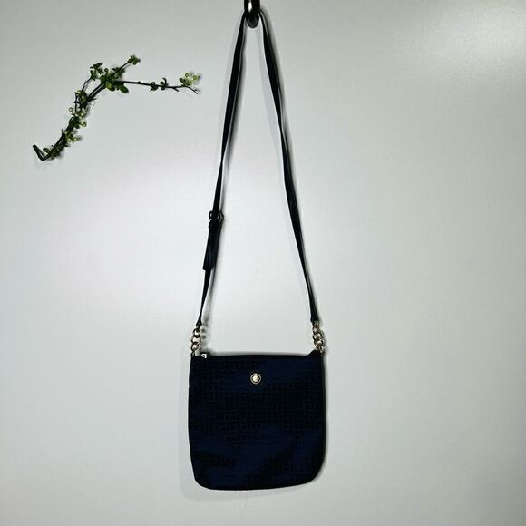 Tommy Hilfiger Women's Navy Blue Synthetic Leather Logo Print Cross Body Bag - Picture 1 of 14